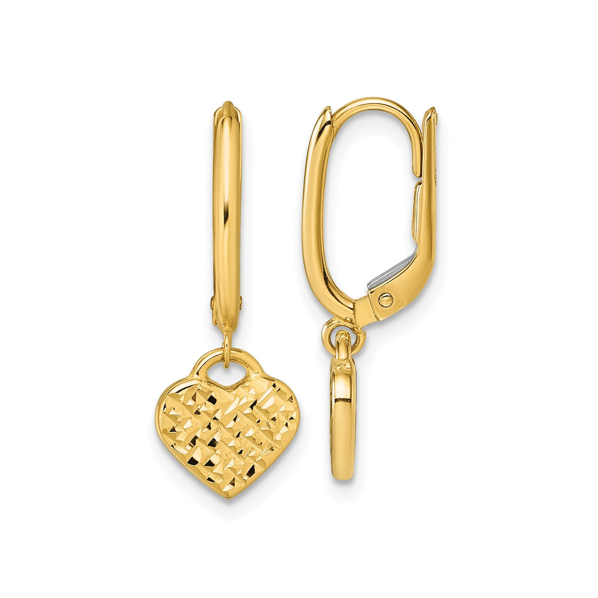 14k Yellow Gold Heart Dangle Earrings with Diamond Cut Textured Charm Leverback Design