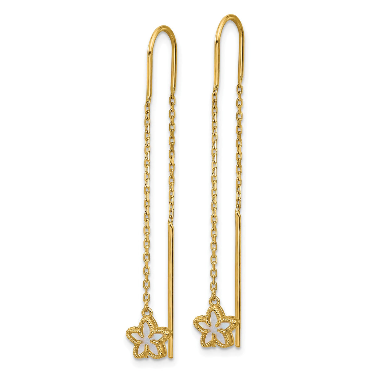 14k Yellow Gold Threader Earrings with Mother of Pearl, Flower and Sandal Charms, Boho Beach Style