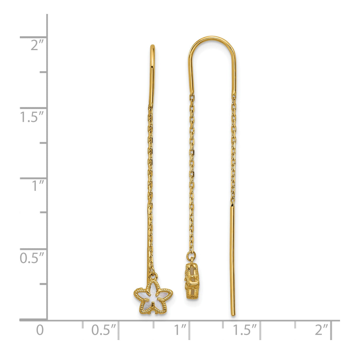 14k Yellow Gold Threader Earrings with Mother of Pearl, Flower and Sandal Charms, Boho Beach Style