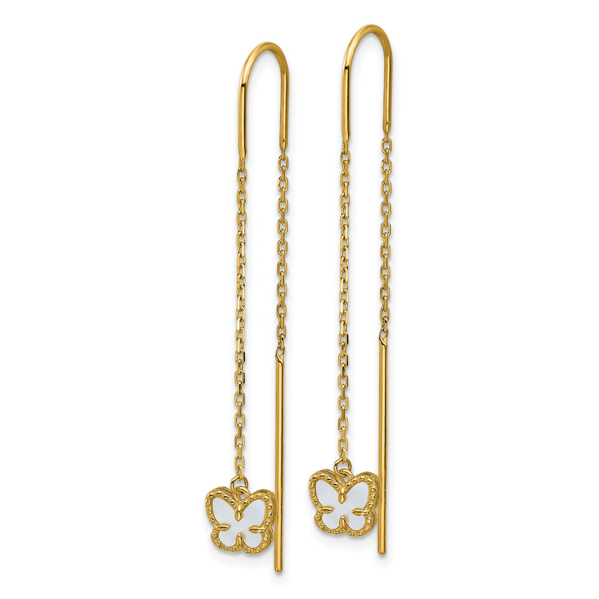 14k Yellow Gold Threader Earrings with Mother of Pearl Butterfly Outline Charm