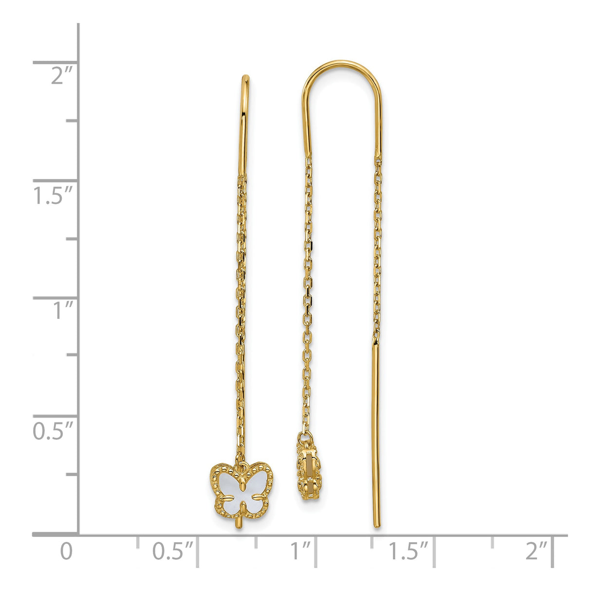 14k Yellow Gold Threader Earrings with Mother of Pearl Butterfly Outline Charm