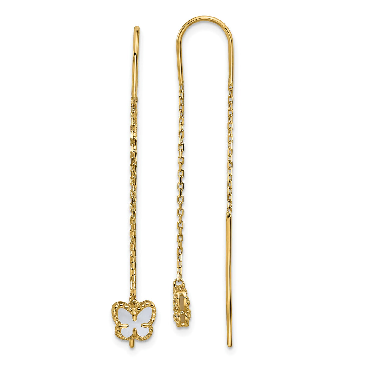 14k Yellow Gold Threader Earrings with Mother of Pearl Butterfly Outline Charm