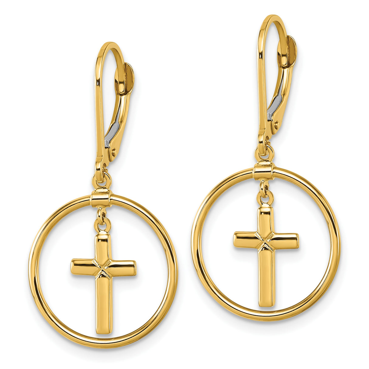 14k Yellow Gold Dangle Earrings with Open Circle and Polished Cross Leverback Design