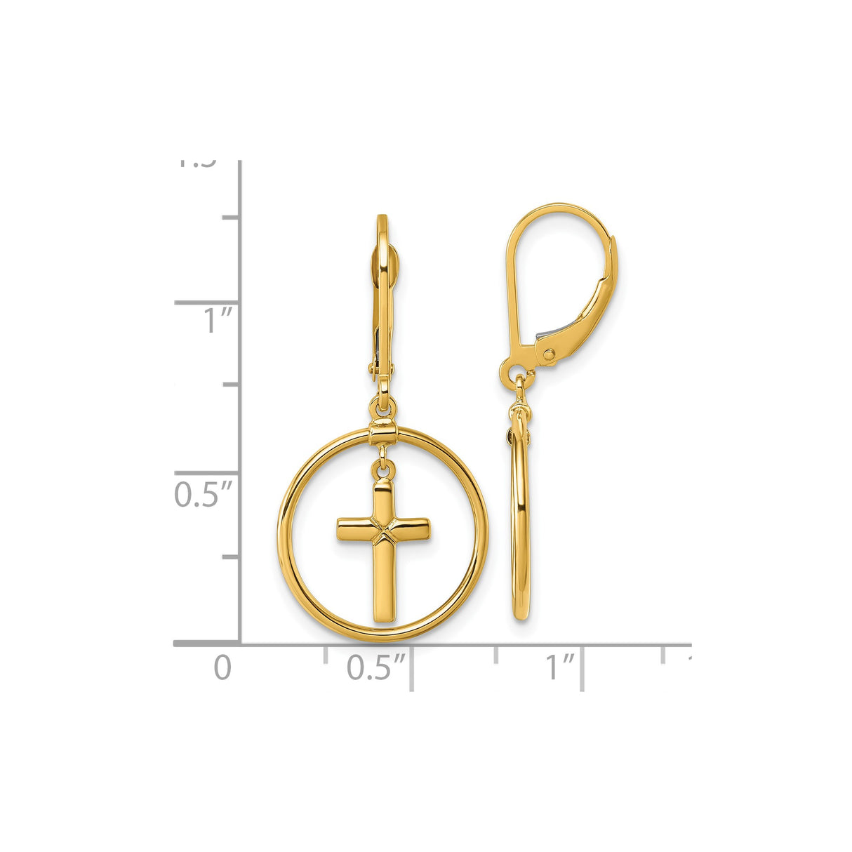 14k Yellow Gold Dangle Earrings with Open Circle and Polished Cross Leverback Design