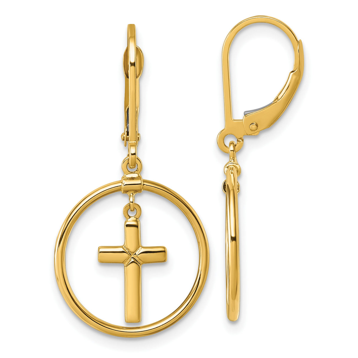 14k Yellow Gold Dangle Earrings with Open Circle and Polished Cross Leverback Design