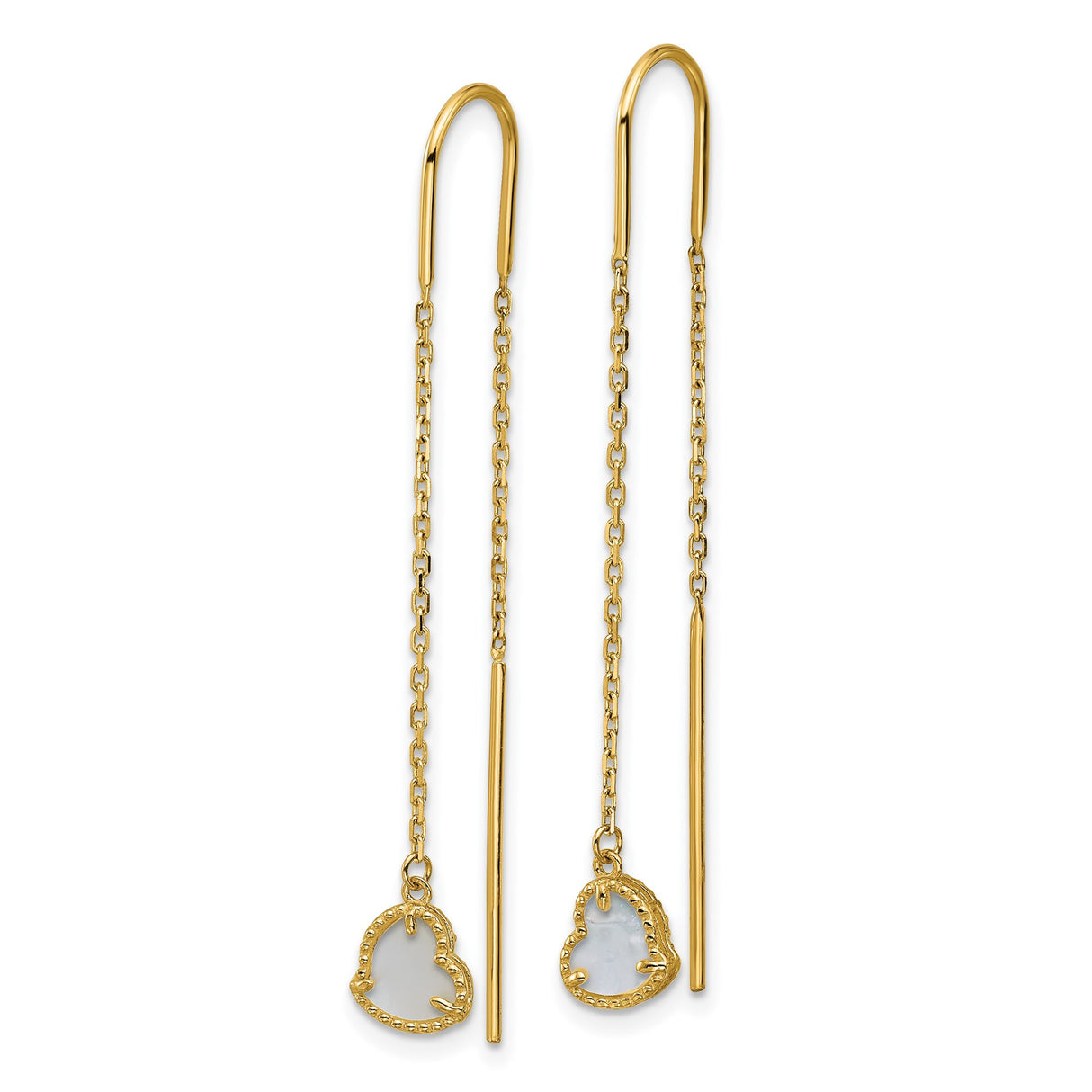 14k Yellow Gold Threader Earrings with Mother of Pearl, Beaded Open Heart and Cross Charms