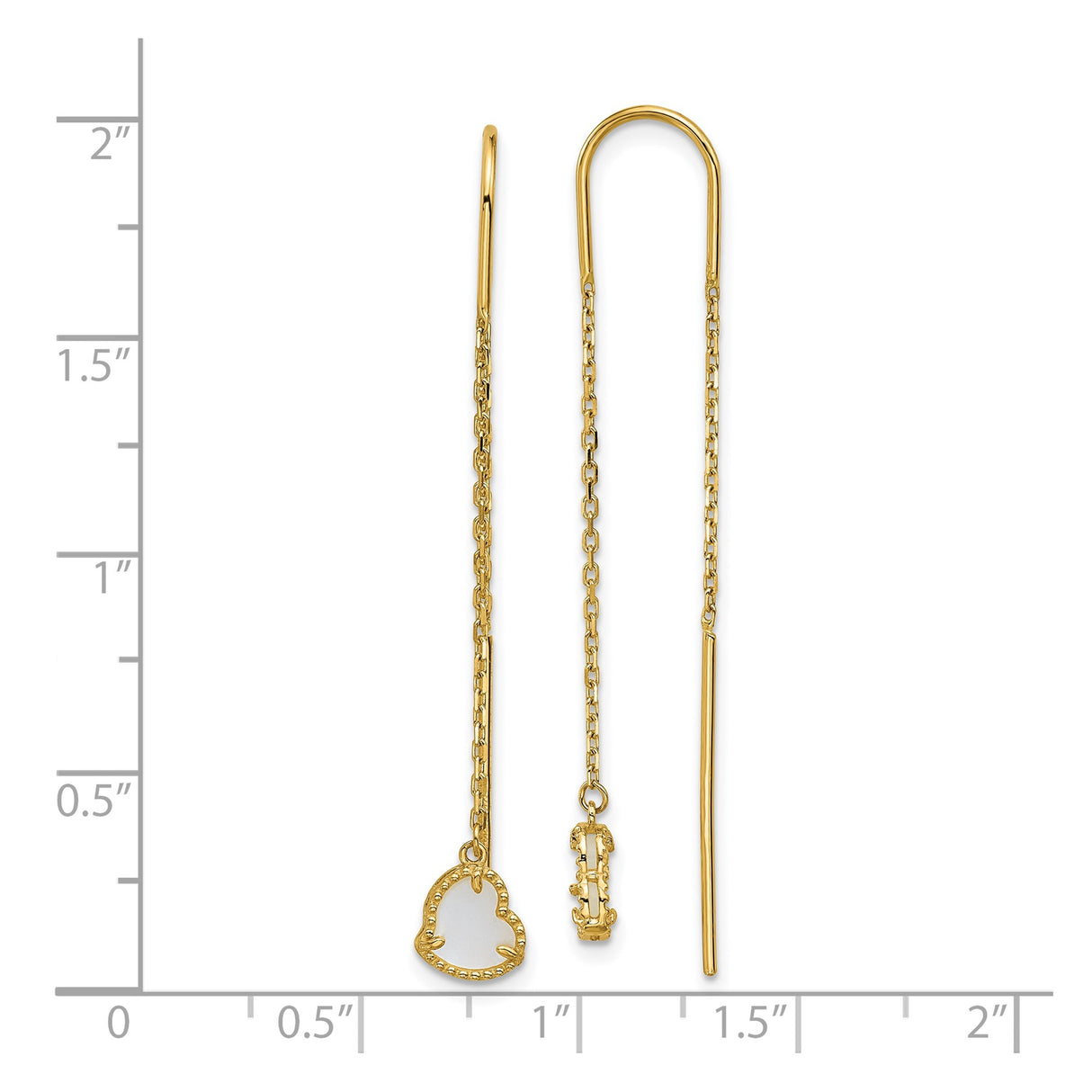 14k Yellow Gold Threader Earrings with Mother of Pearl, Beaded Open Heart and Cross Charms