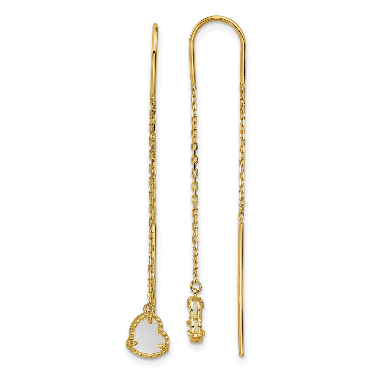 14k Yellow Gold Threader Earrings with Mother of Pearl, Beaded Open Heart and Cross Charms