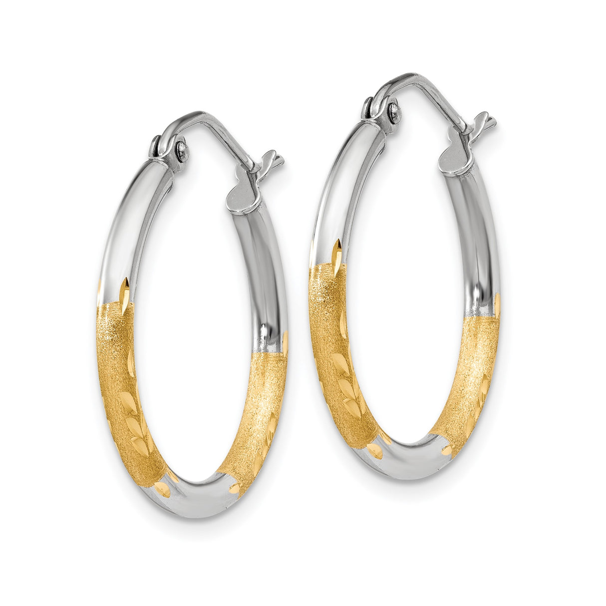 14k Yellow Gold Hoop Earrings, Polished and Textured Diamond-Cut Two-Tone Medium Hoops