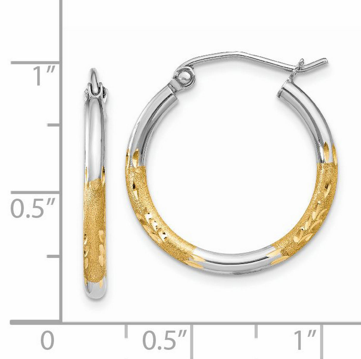 14k Yellow Gold Hoop Earrings, Polished and Textured Diamond-Cut Two-Tone Medium Hoops