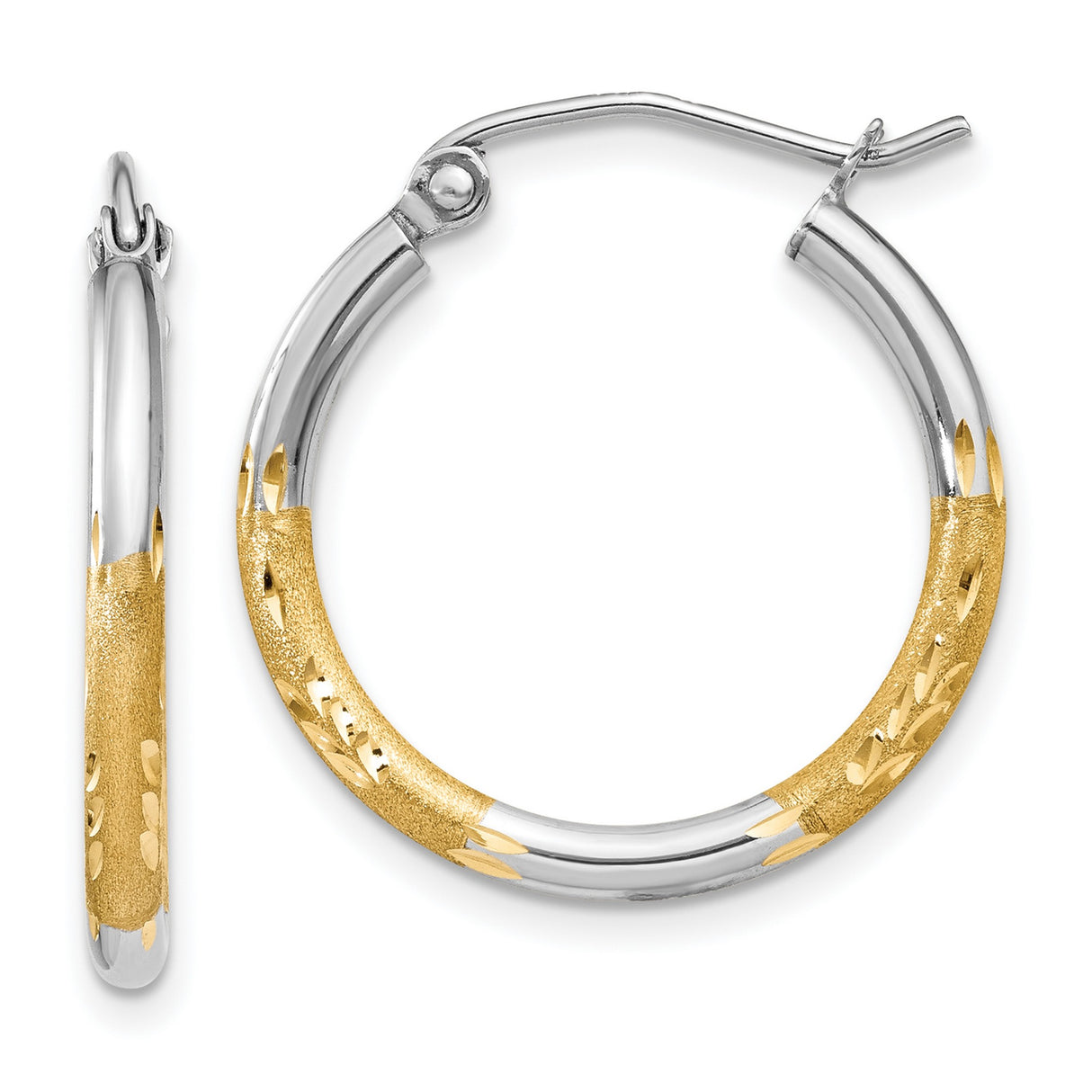 14k Yellow Gold Hoop Earrings, Polished and Textured Diamond-Cut Two-Tone Medium Hoops