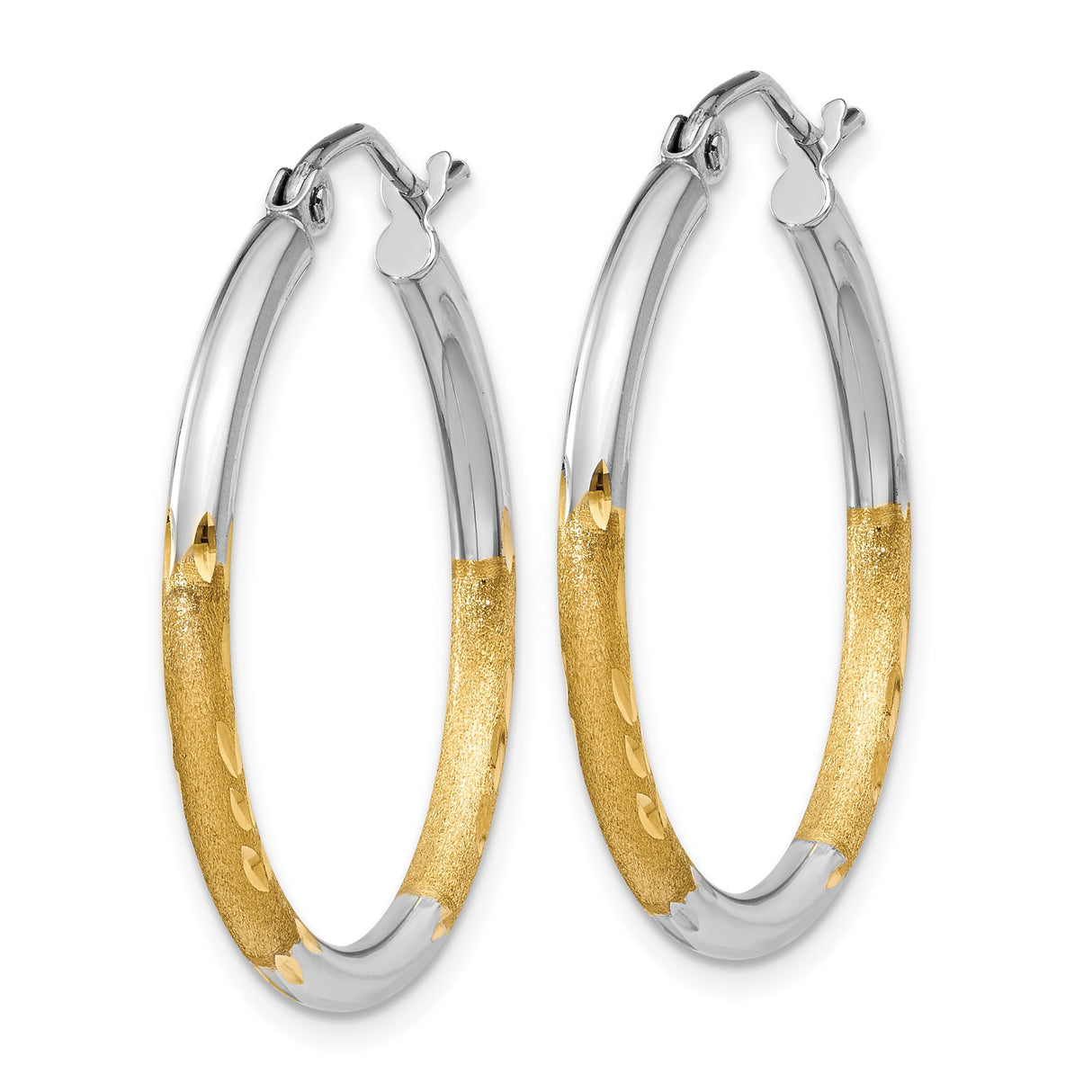 14k Yellow Gold Hoop Earrings with Rhodium Two-Tone Diamond-Cut Leaf Accents