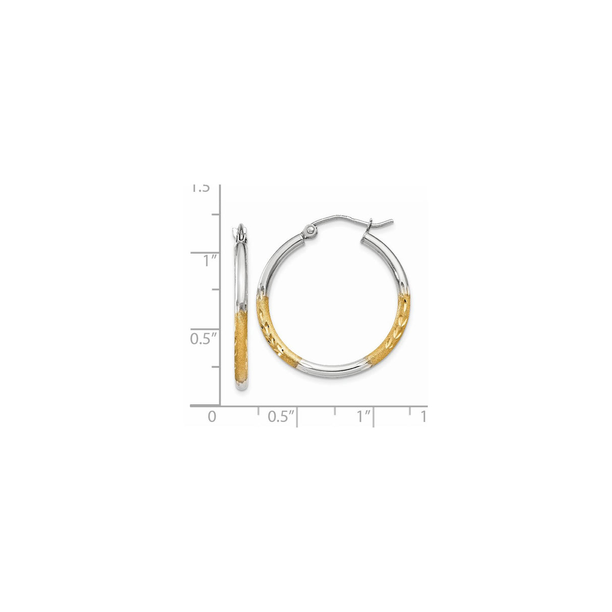 14k Yellow Gold Hoop Earrings with Rhodium Two-Tone Diamond-Cut Leaf Accents