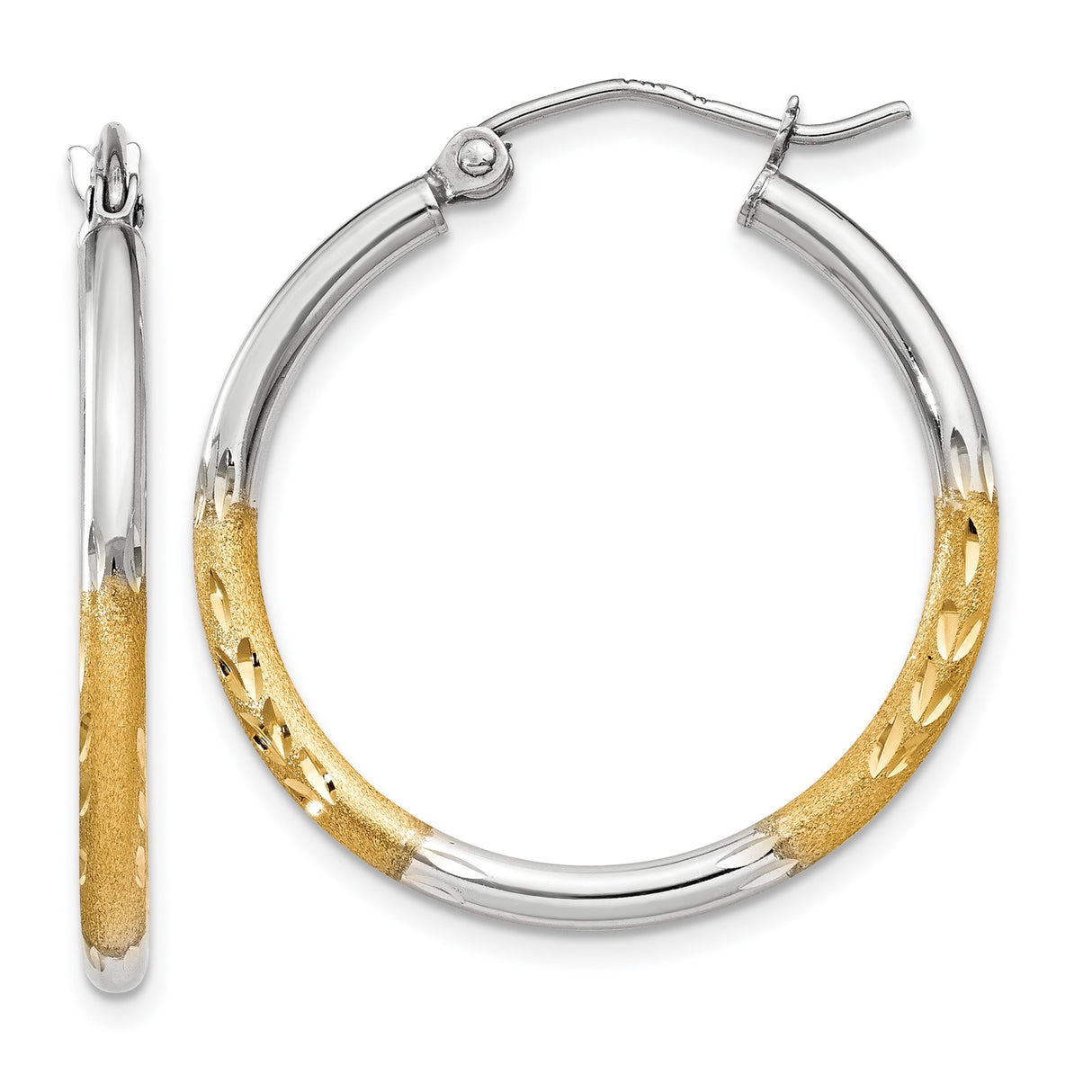 14k Yellow Gold Hoop Earrings with Rhodium Two-Tone Diamond-Cut Leaf Accents