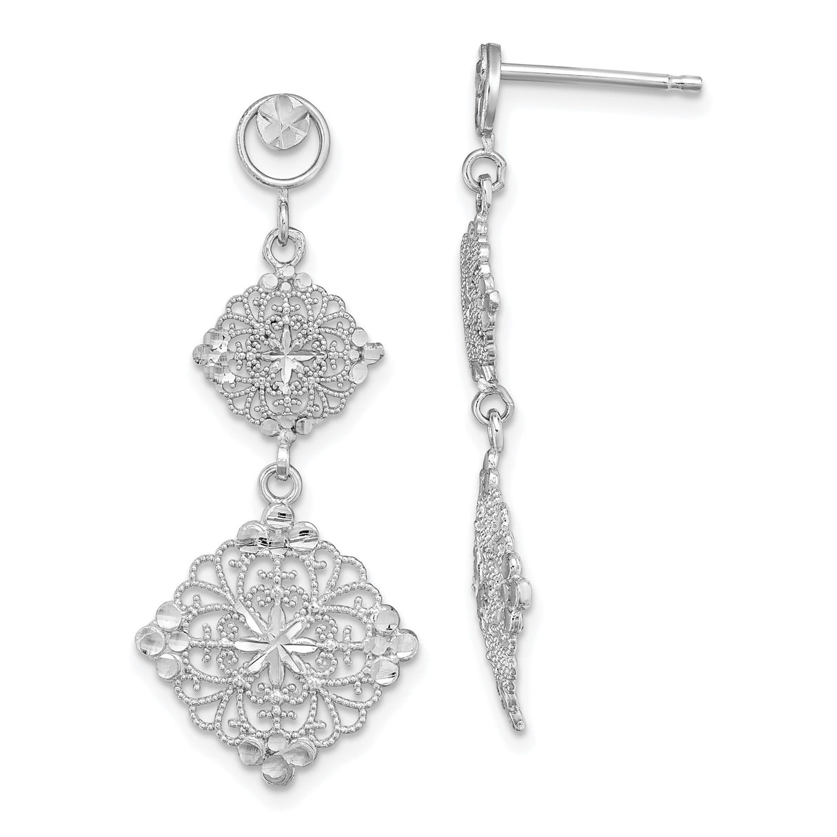 14k White Gold Dangle Earrings, Filigree Floral Drop with Starburst Accents, Vintage Inspired