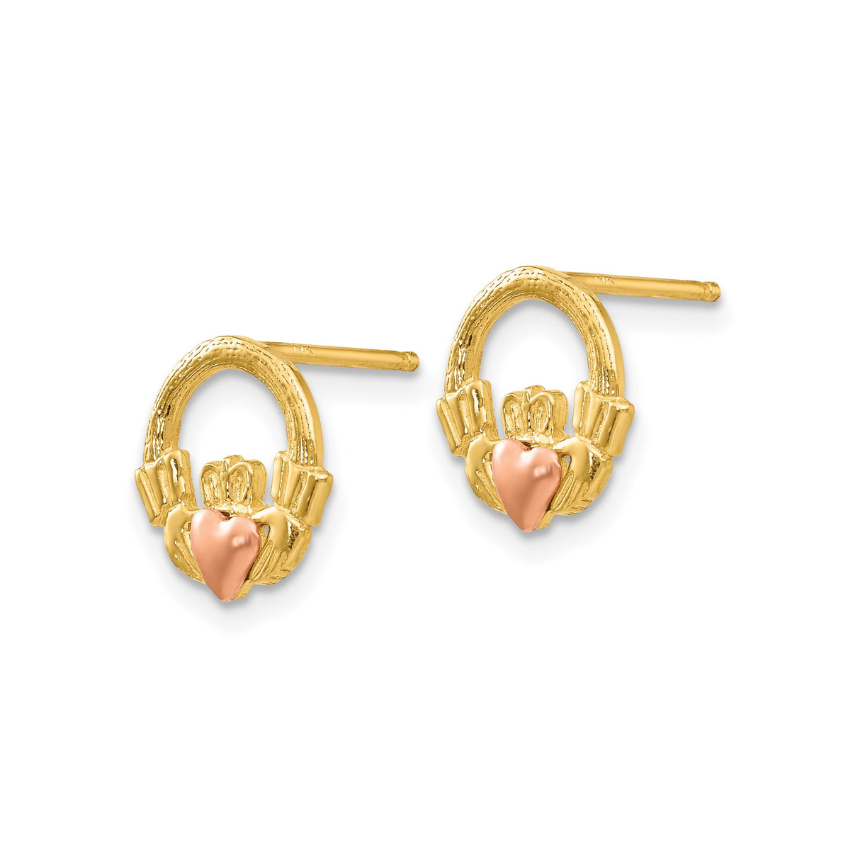 14k Yellow and Rose Gold Claddagh Stud Earrings with Heart, Crown, and Hand Design