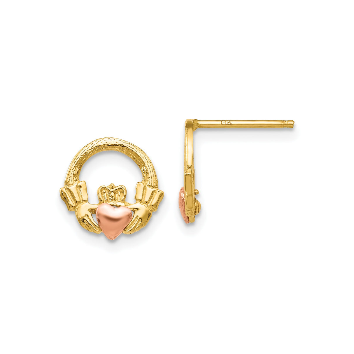 14k Yellow and Rose Gold Claddagh Stud Earrings with Heart, Crown, and Hand Design