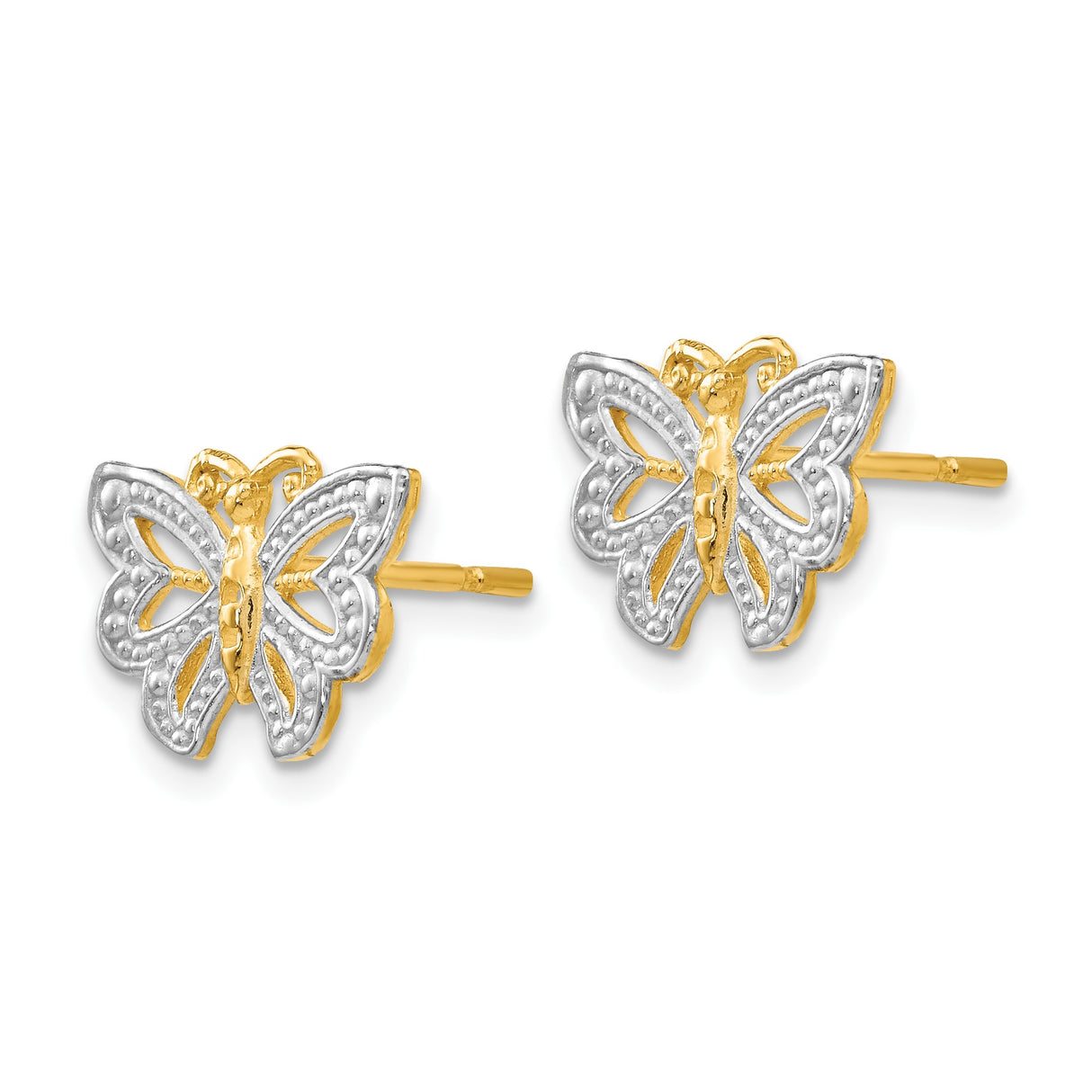 14k Yellow Gold Butterfly Stud Earrings, Dual-Tone Textured Design for Women