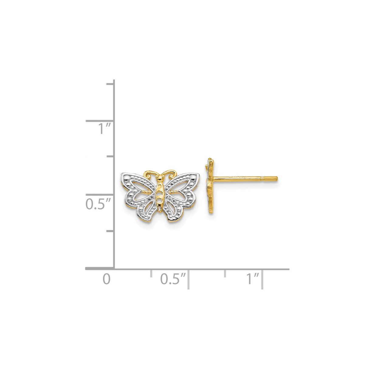 14k Yellow Gold Butterfly Stud Earrings, Dual-Tone Textured Design for Women