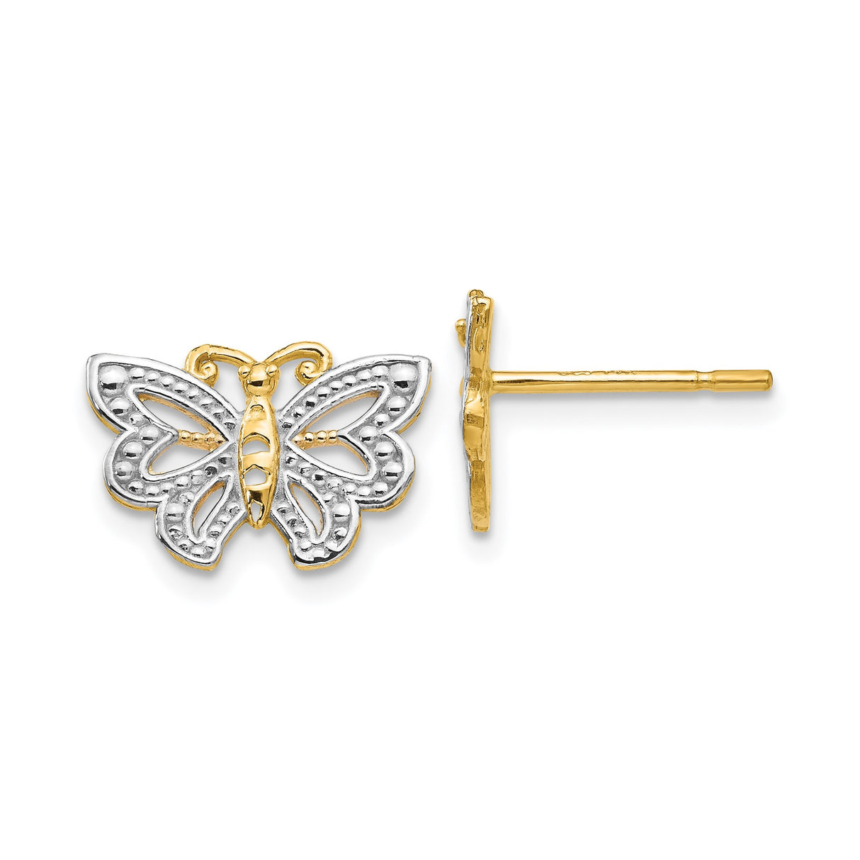 14k Yellow Gold Butterfly Stud Earrings, Dual-Tone Textured Design for Women