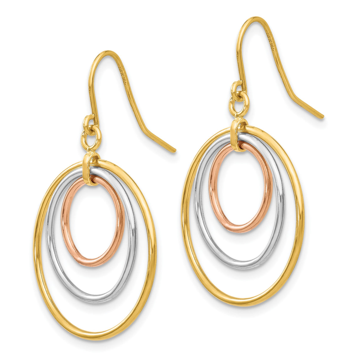14k Tri-Color Gold Dangle Earrings with Interlocking Hoops, Lightweight Drop Style