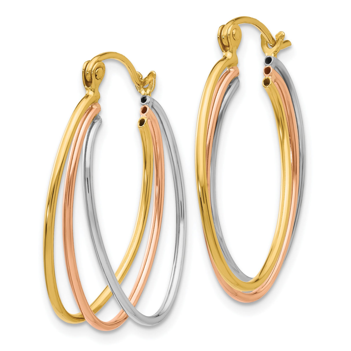 14k Tri Color Gold Hoop Earrings with Interlocking Yellow, White, and Rose Gold Loops