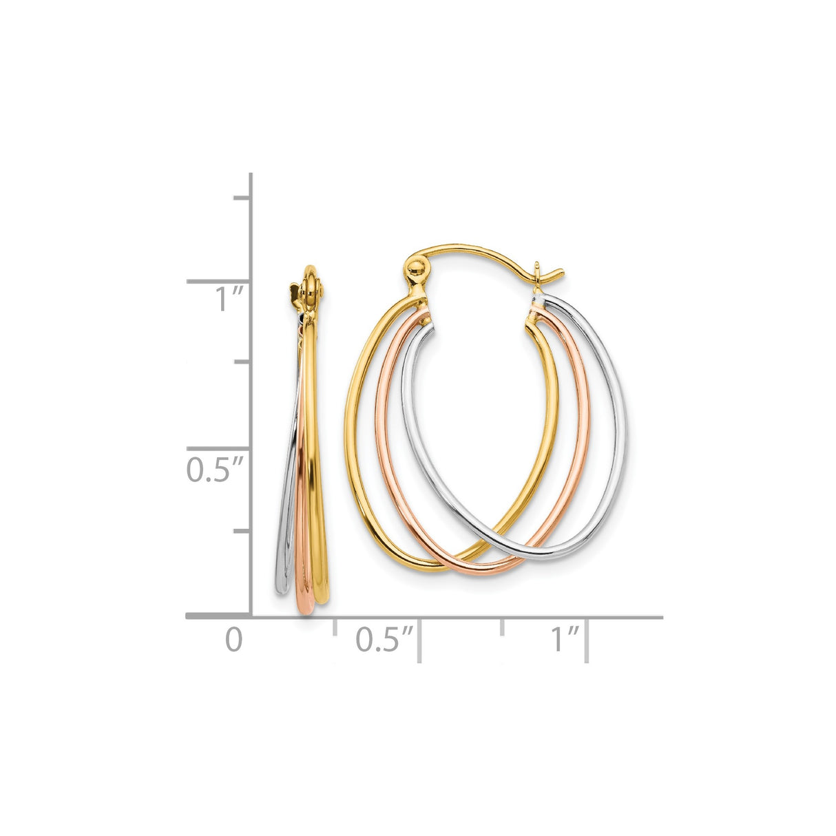 14k Tri Color Gold Hoop Earrings with Interlocking Yellow, White, and Rose Gold Loops