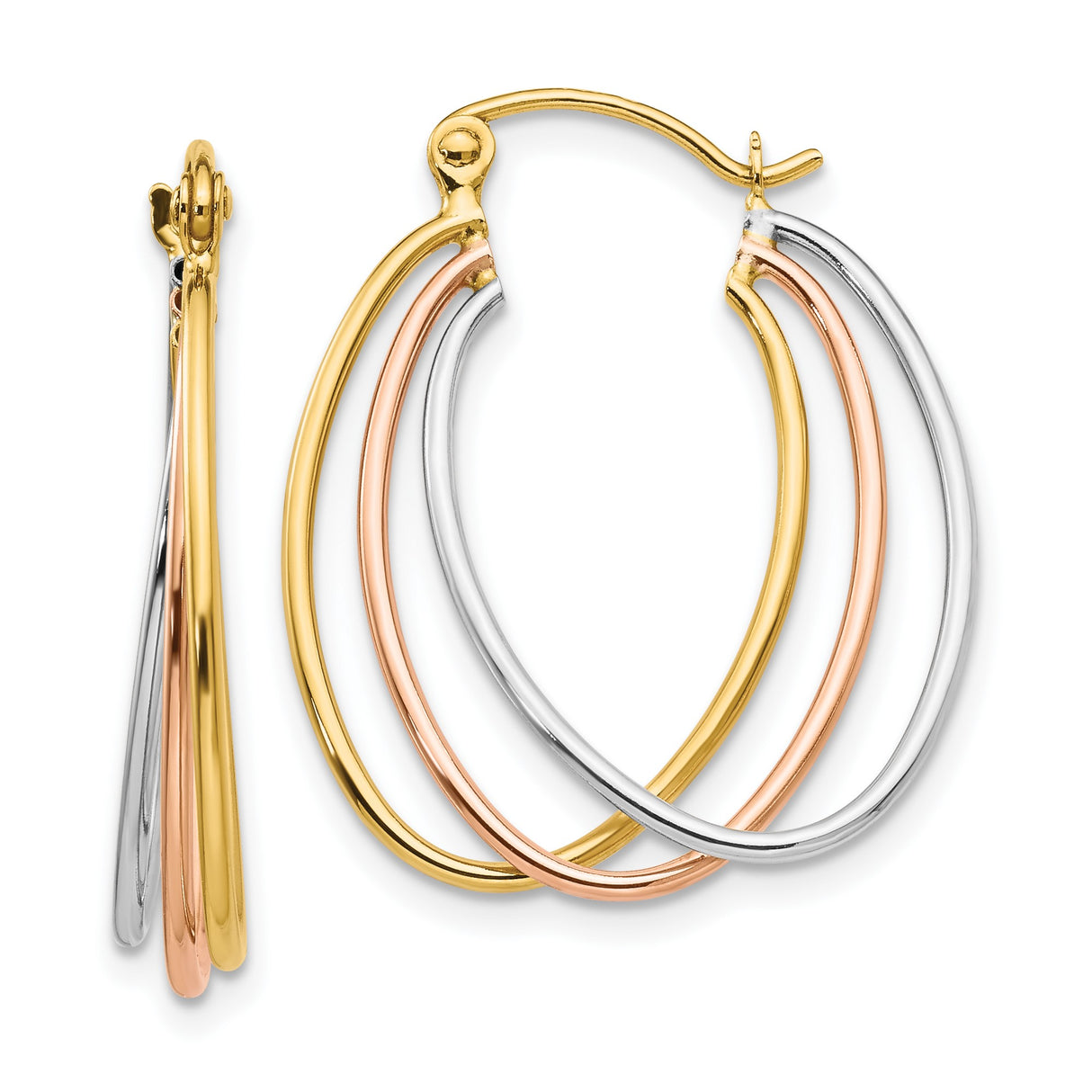 14k Tri Color Gold Hoop Earrings with Interlocking Yellow, White, and Rose Gold Loops