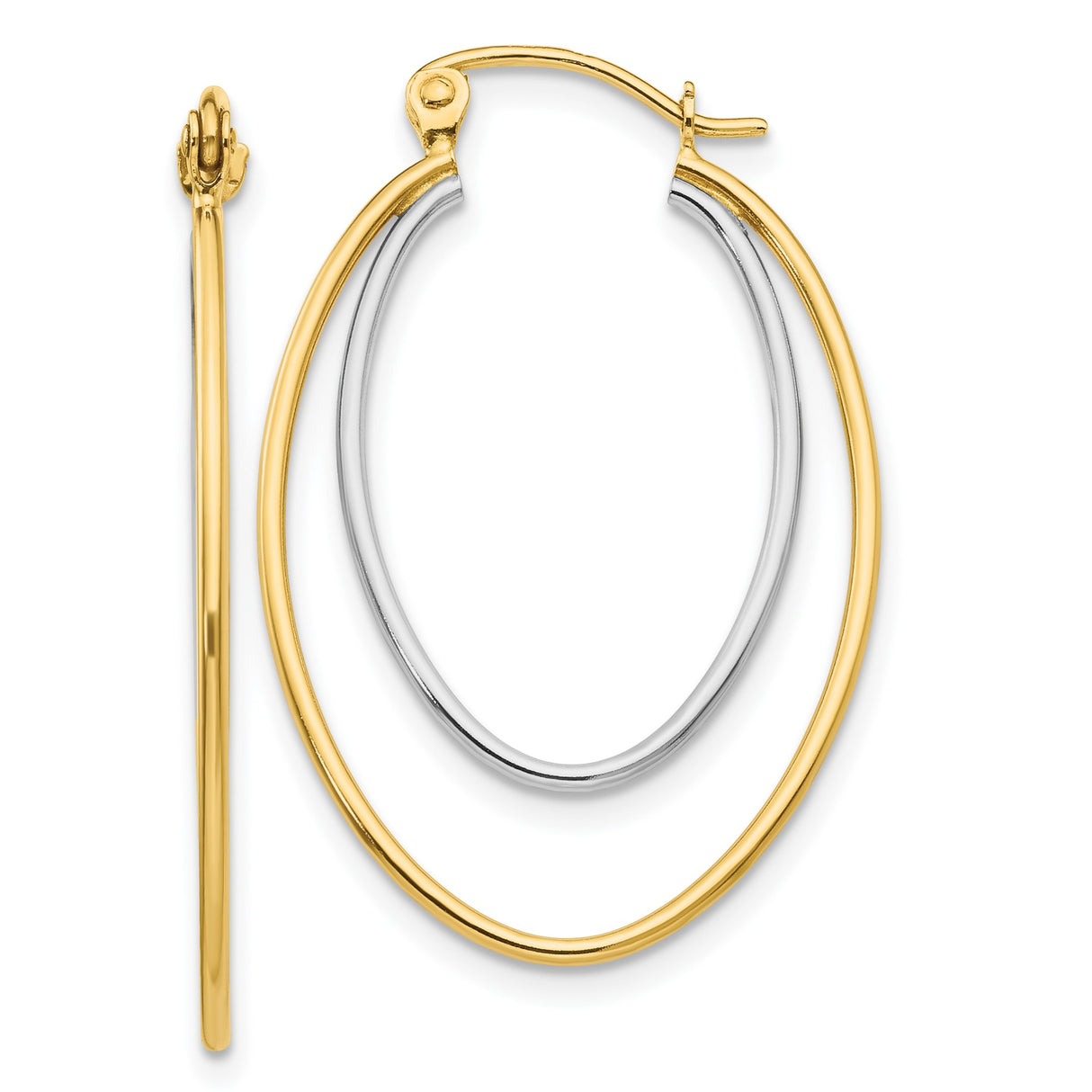 14k Yellow Gold Oval Hoop Earrings, Two-Tone Double Oval Design, Polished Finish