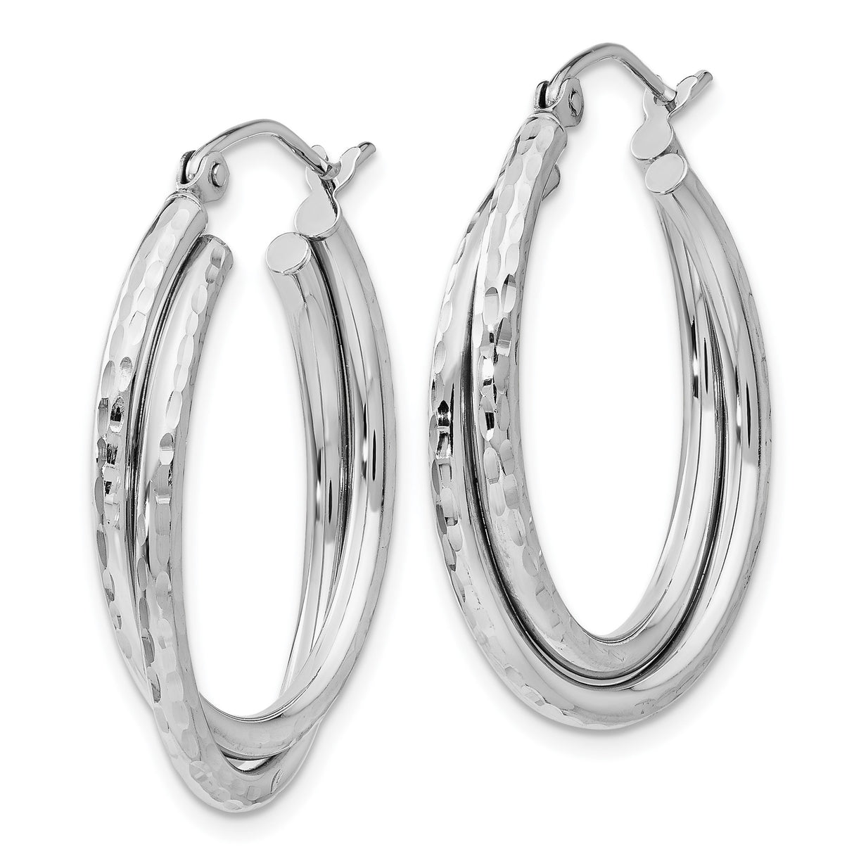 14k White Gold Hoop Earrings with Twisted Double Hoop Design and Hammered Finish