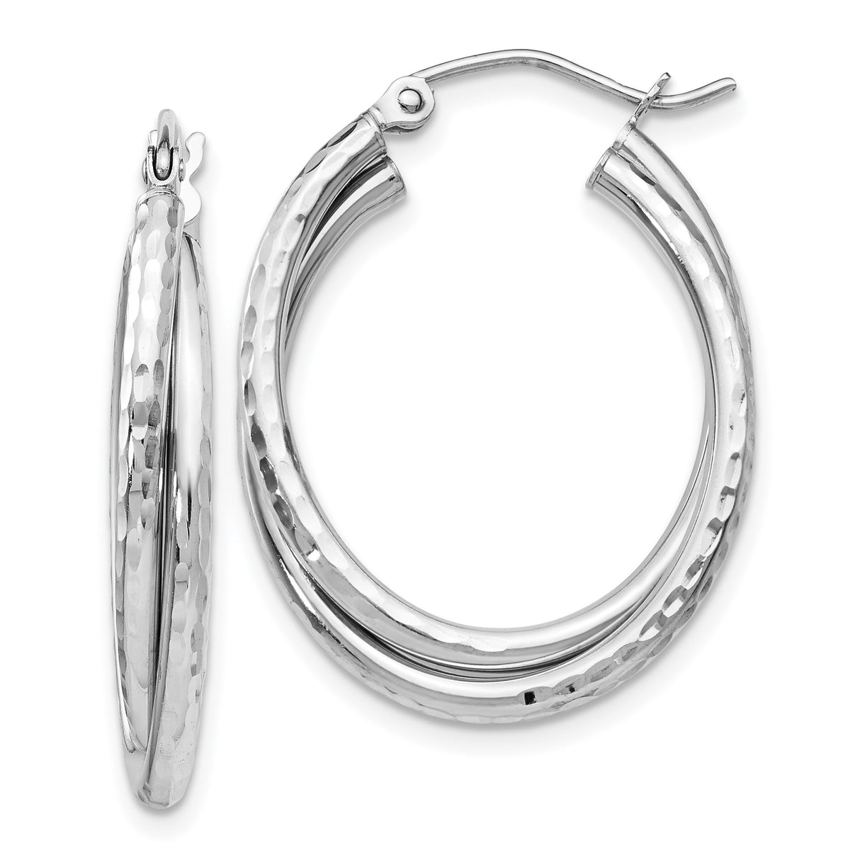 14k White Gold Hoop Earrings with Twisted Double Hoop Design and Hammered Finish