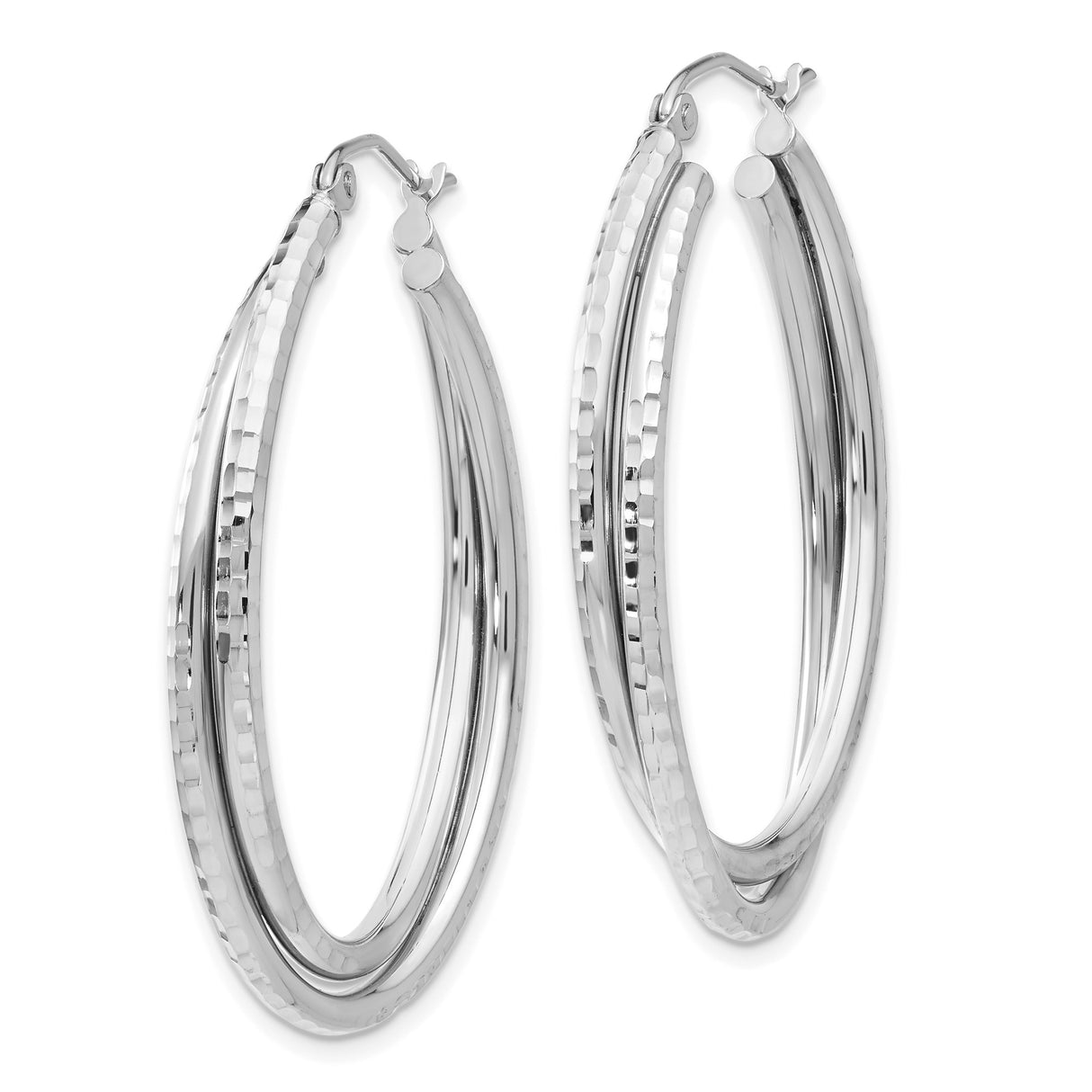 14k White Gold Hoop Earrings, Diamond Cut Triple Oval Crossover Design