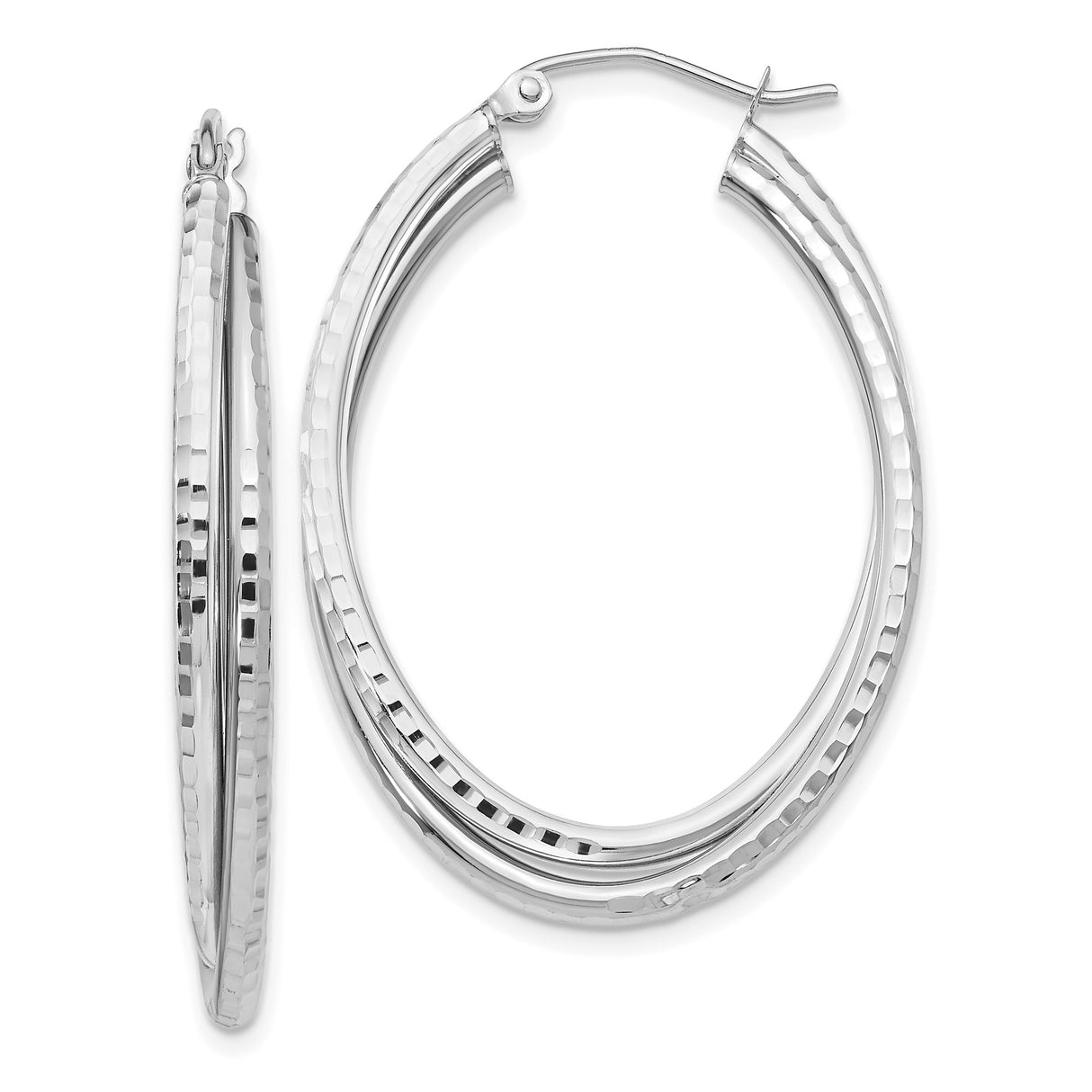 14k White Gold Hoop Earrings, Diamond Cut Triple Oval Crossover Design