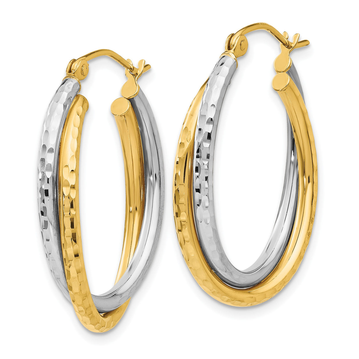 14k Two-Tone Gold Hoop Earrings, Hammered Yellow and White Gold, Textured Oval Design