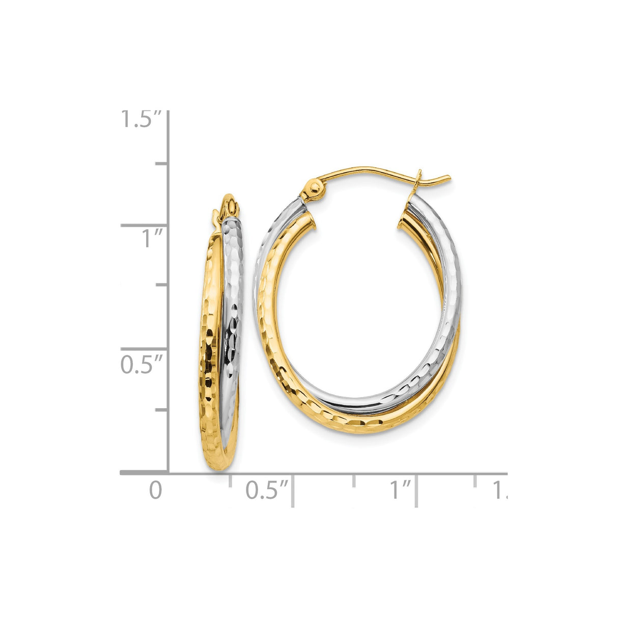 14k Two-Tone Gold Hoop Earrings, Hammered Yellow and White Gold, Textured Oval Design