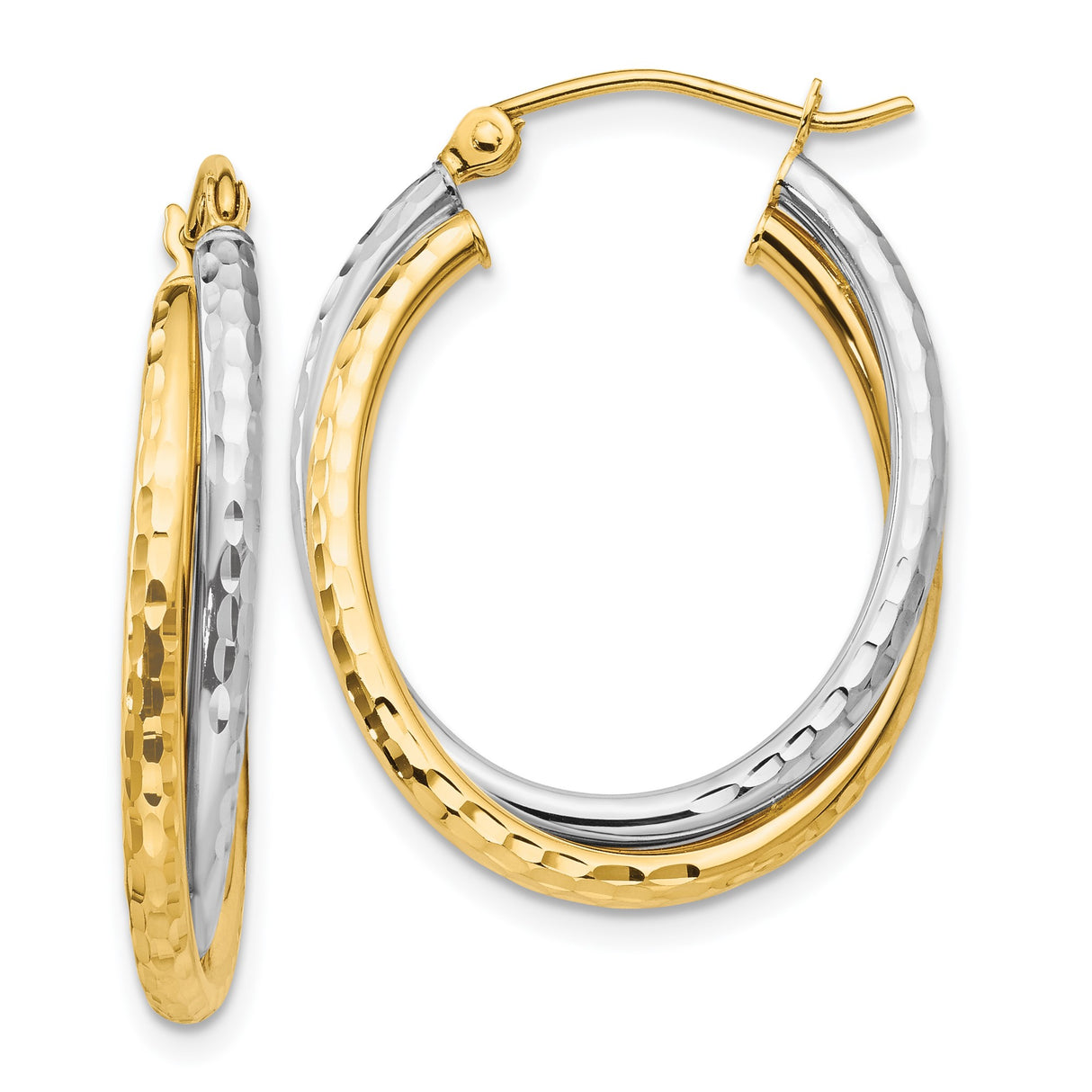 14k Two-Tone Gold Hoop Earrings, Hammered Yellow and White Gold, Textured Oval Design