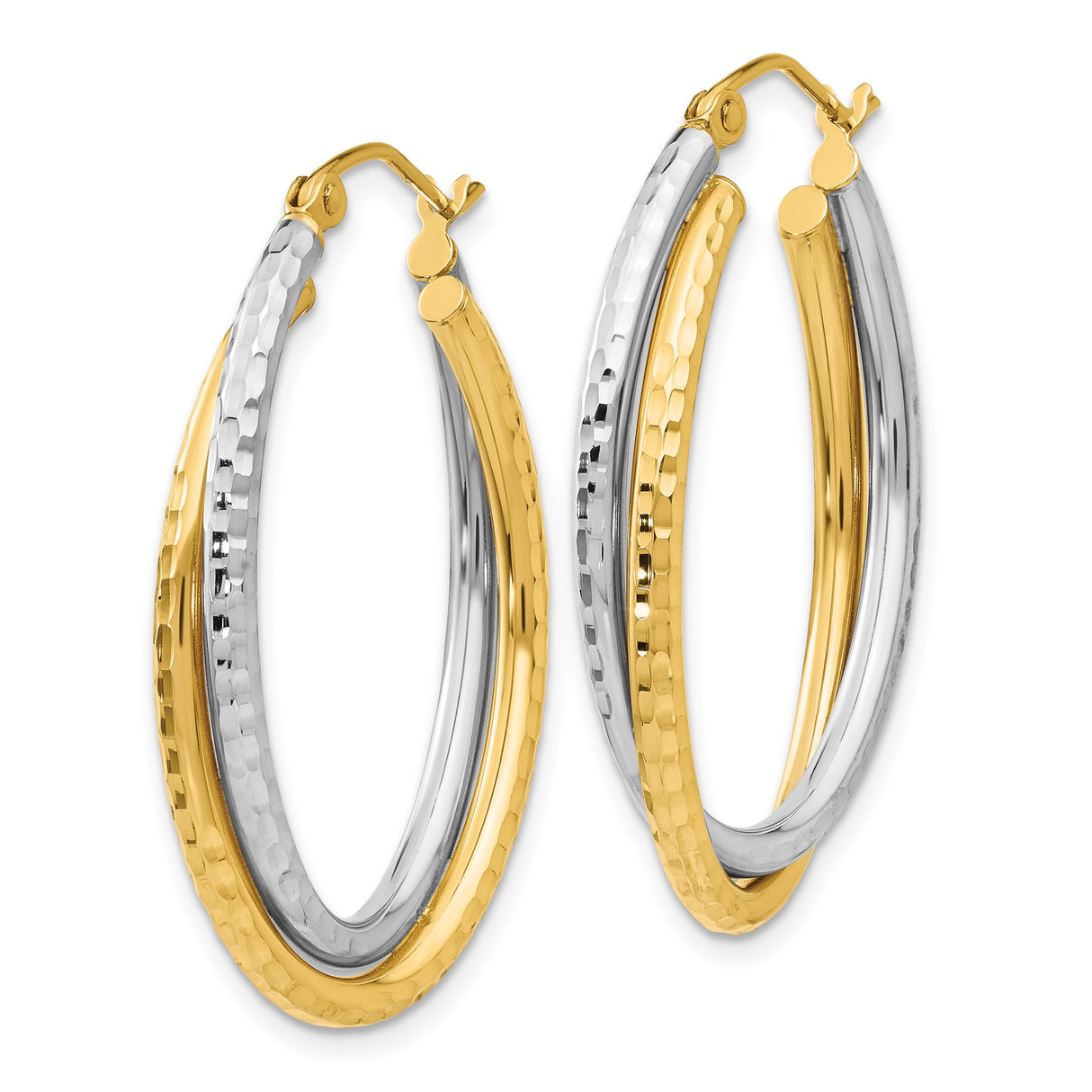 14k Two-Tone Gold Hoop Earrings with Twisted Oval and Hammered Design