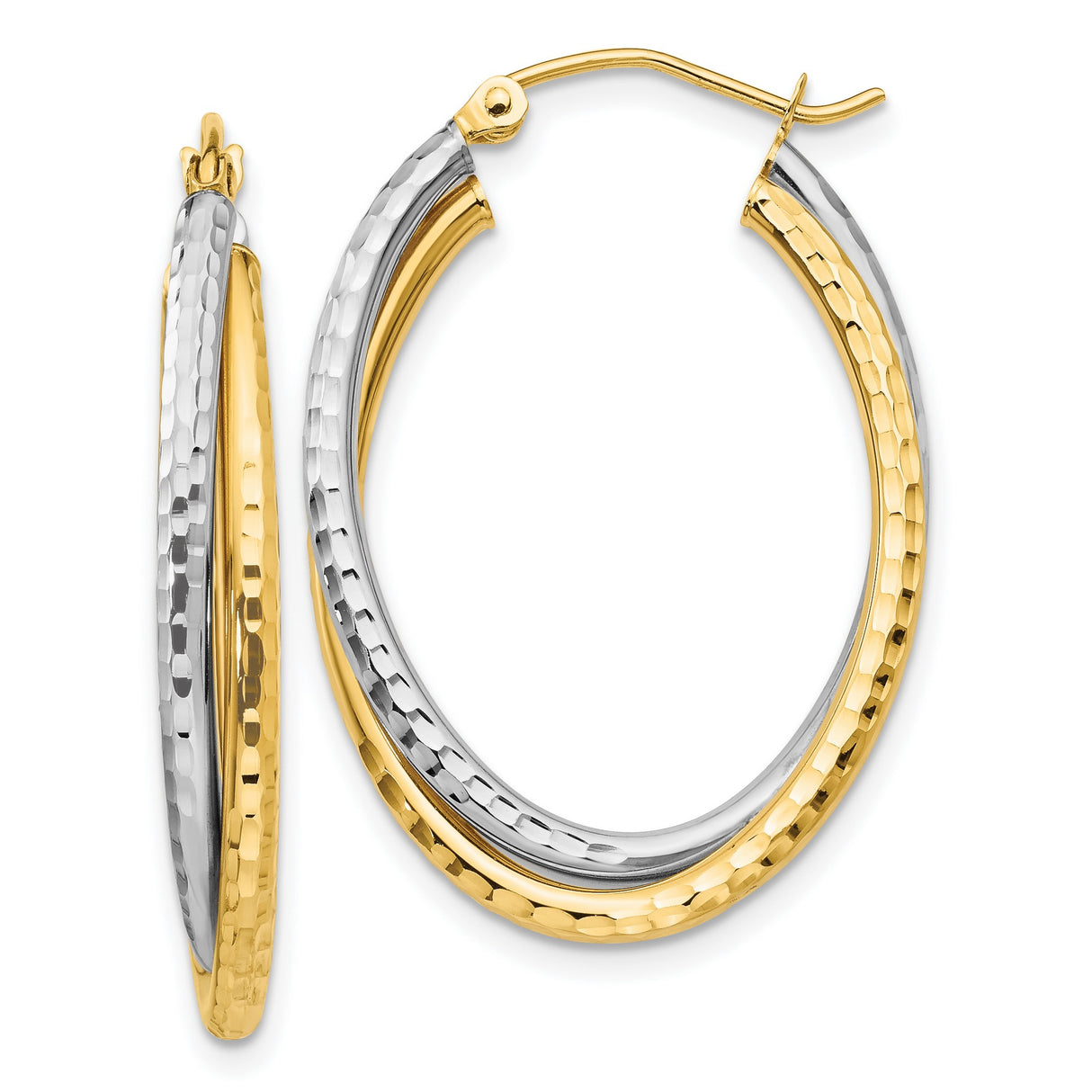 14k Two-Tone Gold Hoop Earrings with Twisted Oval and Hammered Design