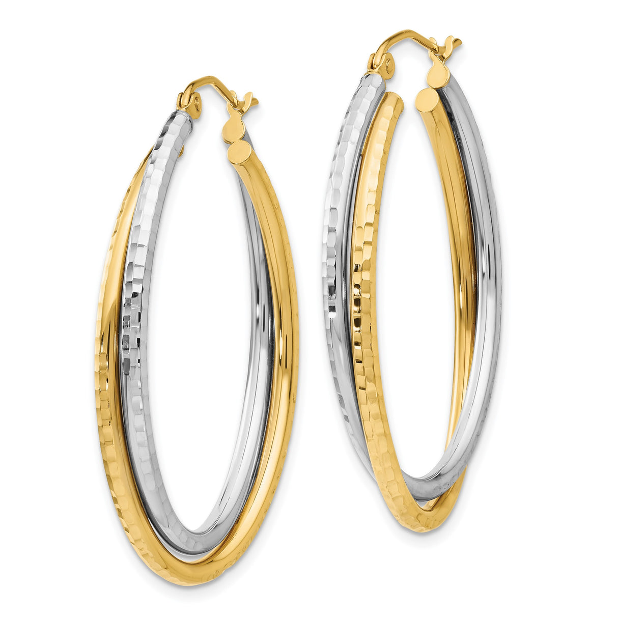 14k Two-Tone Gold Hoop Earrings, Hammered Textured Yellow and White Oval Style