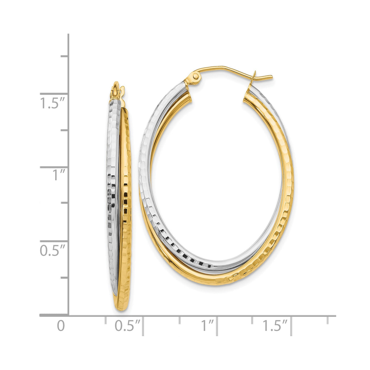14k Two-Tone Gold Hoop Earrings, Hammered Textured Yellow and White Oval Style