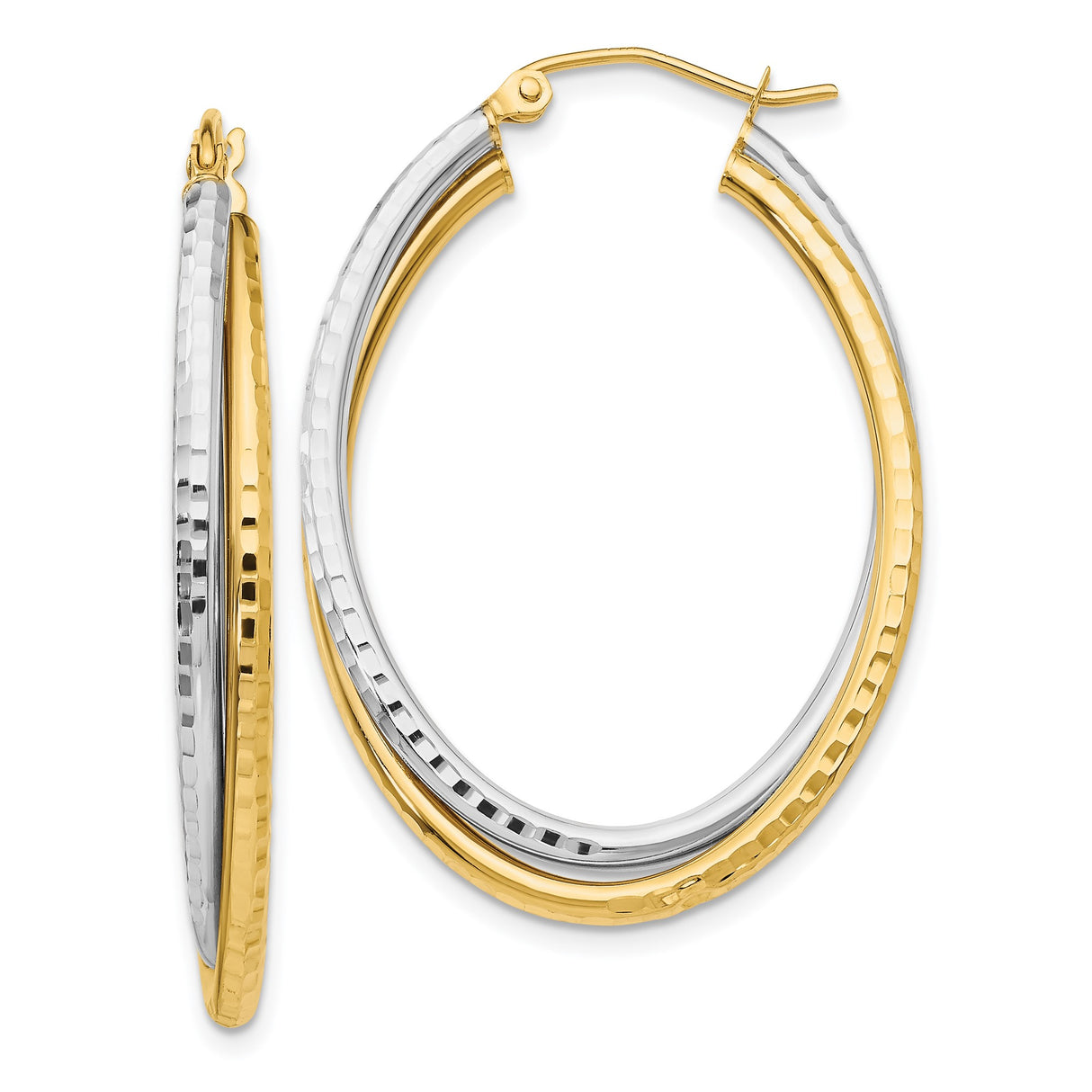 14k Two-Tone Gold Hoop Earrings, Hammered Textured Yellow and White Oval Style