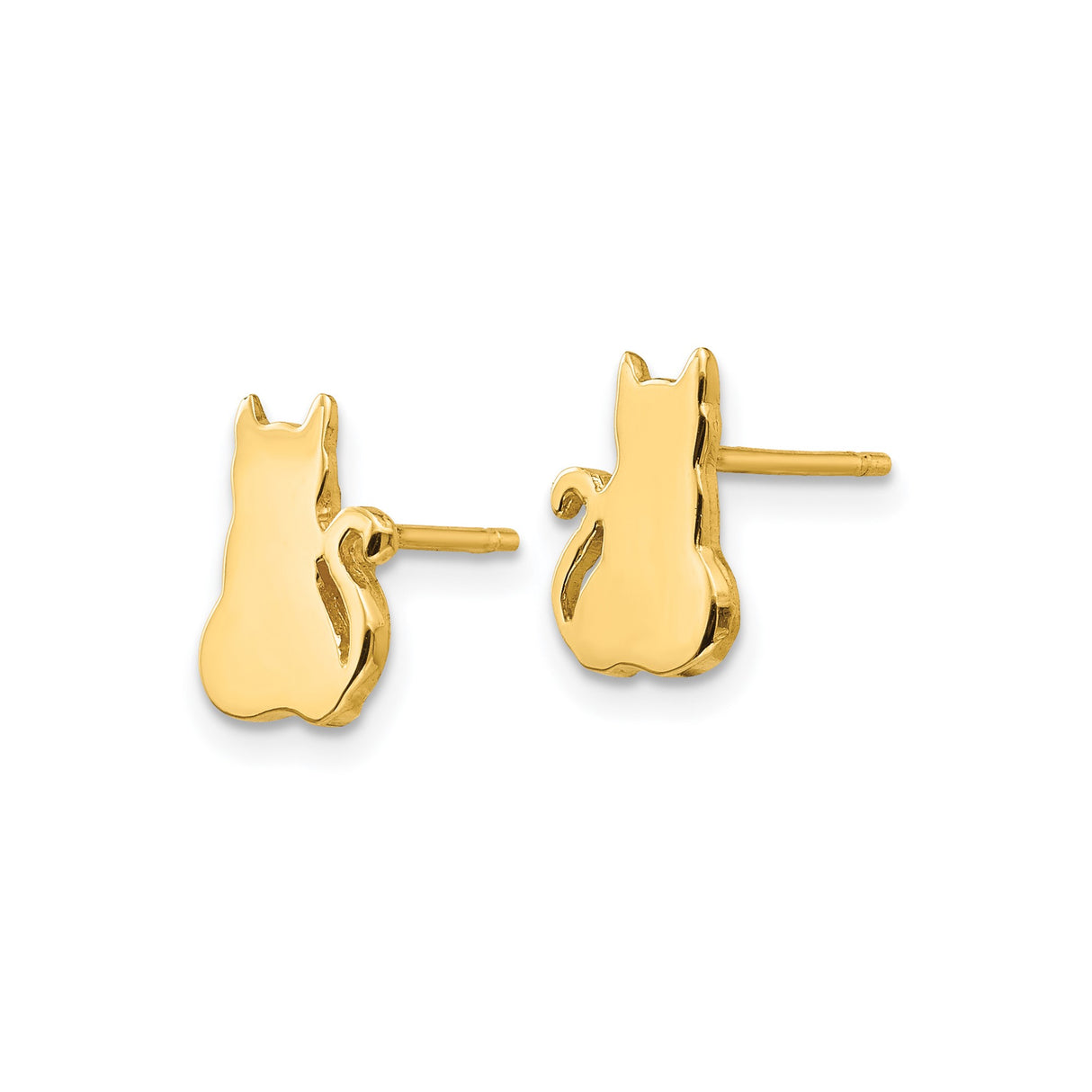 14k Yellow Gold Cat Stud Earrings with Polished Sitting Silhouette and Curved Tail