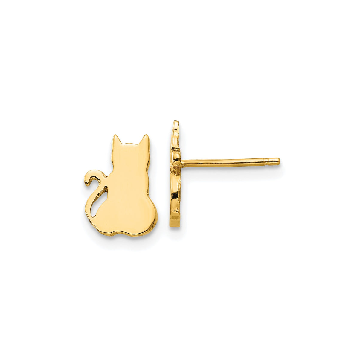 14k Yellow Gold Cat Stud Earrings with Polished Sitting Silhouette and Curved Tail
