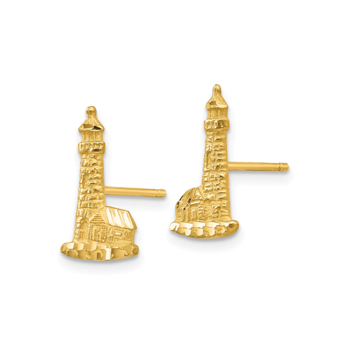 14k Yellow Gold Lighthouse Stud Earrings, Coastal Nautical Theme Jewelry for Women