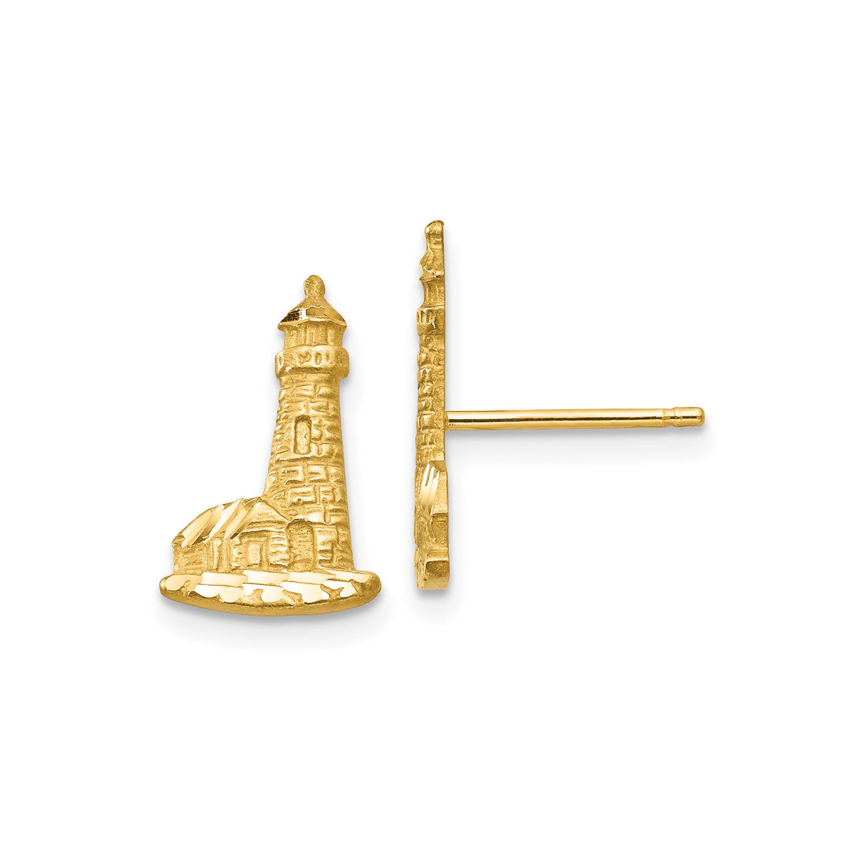 14k Yellow Gold Lighthouse Stud Earrings, Coastal Nautical Theme Jewelry for Women