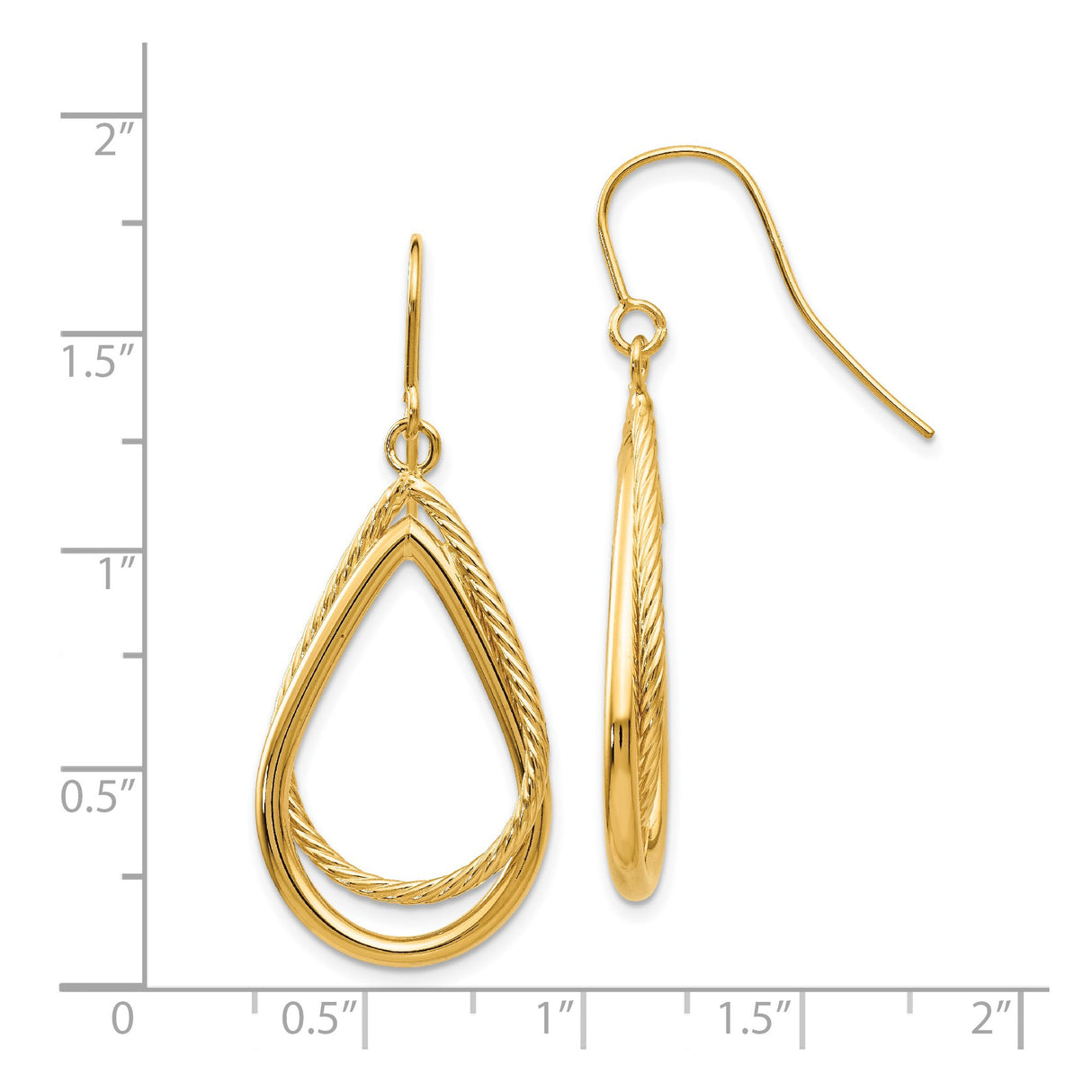 14k Yellow Gold Teardrop Dangle Earrings with Twisted Rope and Polished Dual Layer Design
