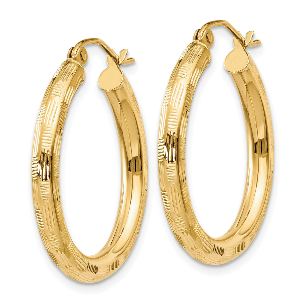 14k Yellow Gold Hoop Earrings, Textured Lightweight Round Hoops with Polished Finish