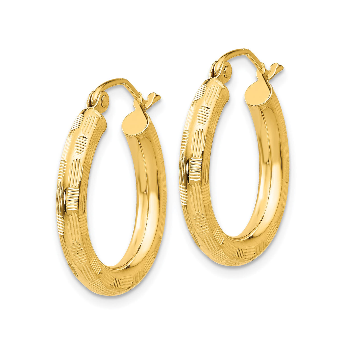 14k Yellow Gold Hoop Earrings with Etched Textured Design and Latch Back Clasp