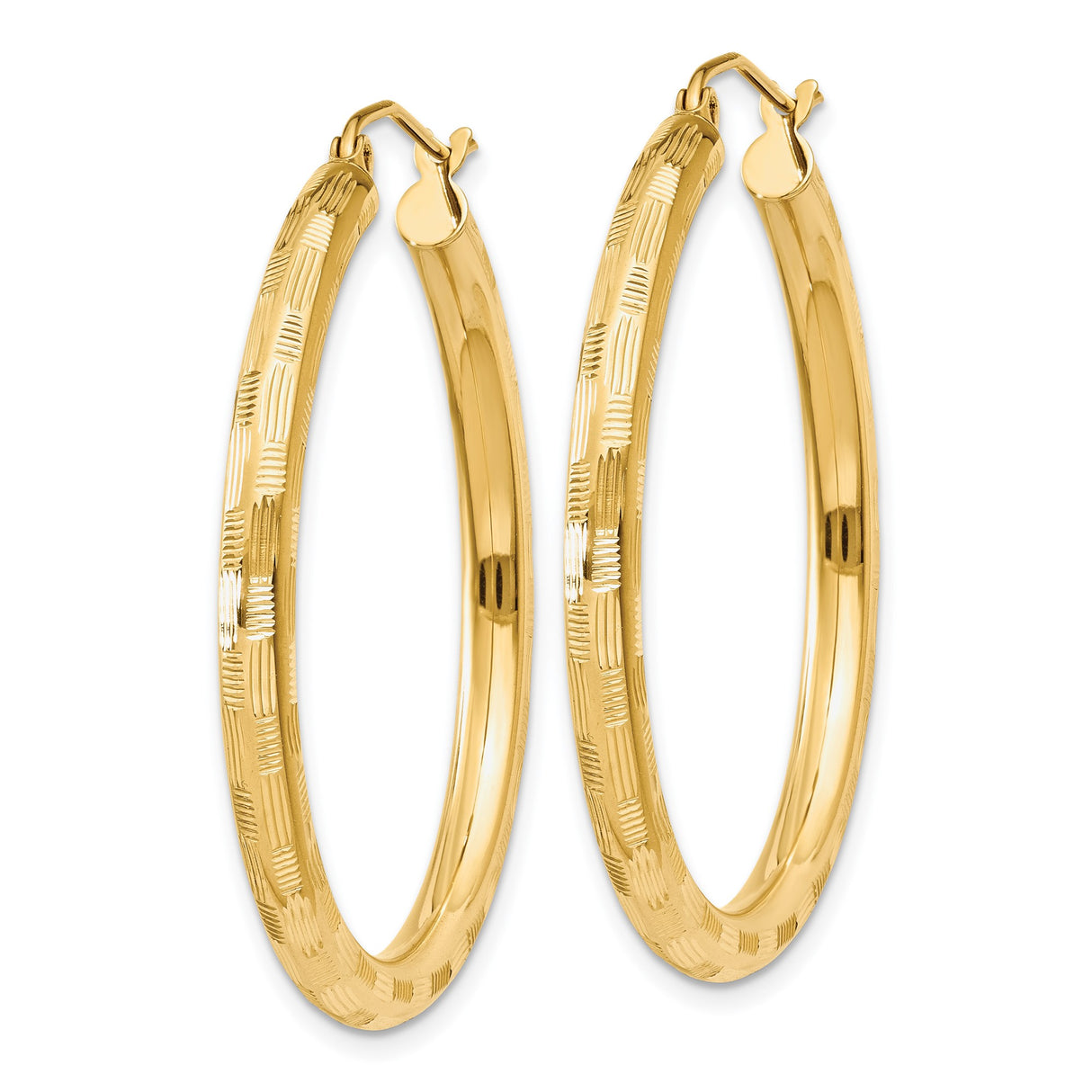 14k Yellow Gold Hoop Earrings, Textured Classic Round Design, Lightweight for Women