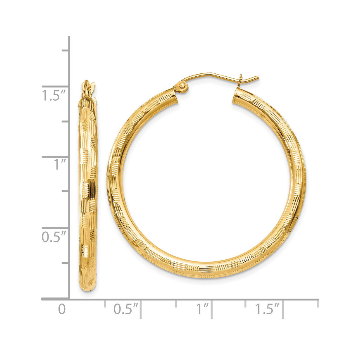 14k Yellow Gold Hoop Earrings, Textured Classic Round Design, Lightweight for Women